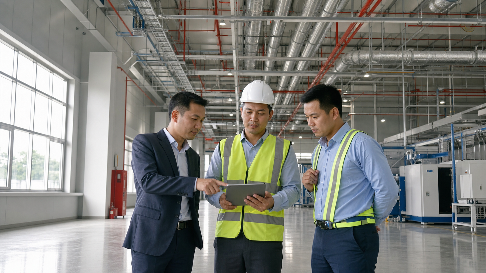 Chủ đầu tư và kỹ sư kiểm tra bàn giao nhà xưởng trước vận hành