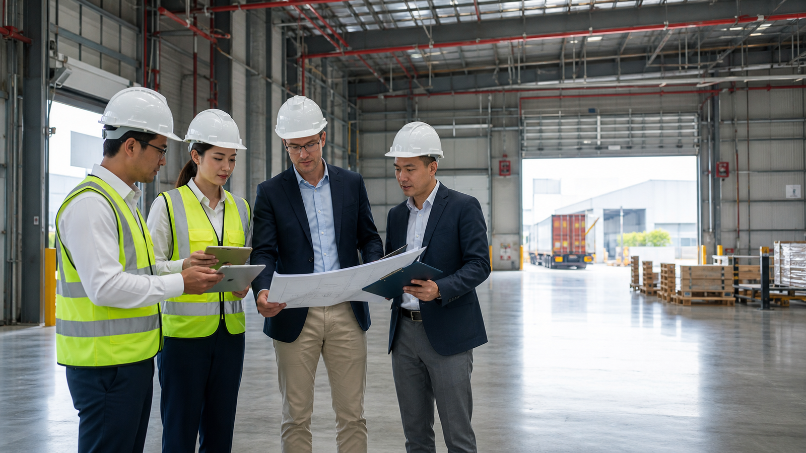 Chủ doanh nghiệp và kỹ sư kiểm tra nhà xưởng xây sẵn trước khi ký hợp đồng thuê