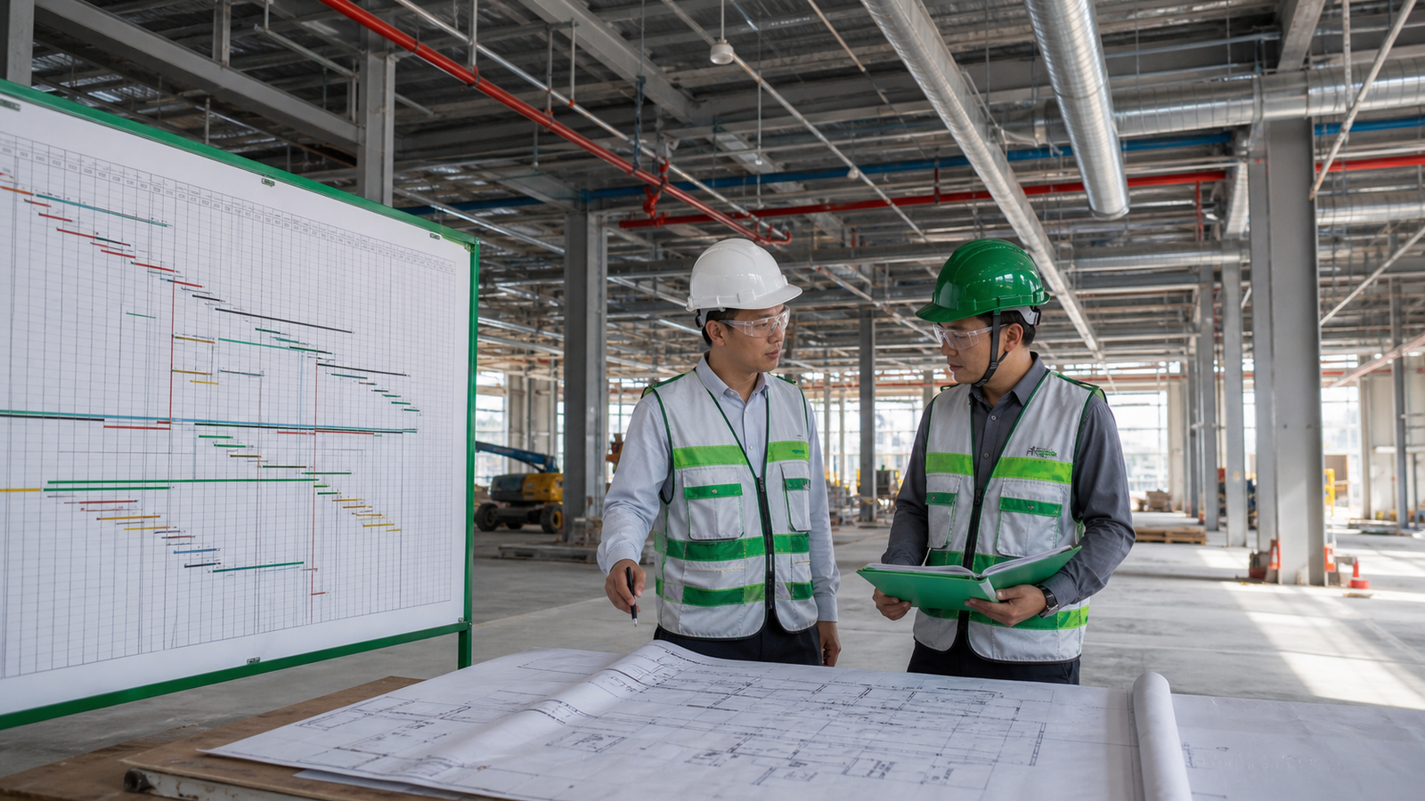Chủ đầu tư và đội dự án rà soát tiến độ thi công nhà xưởng