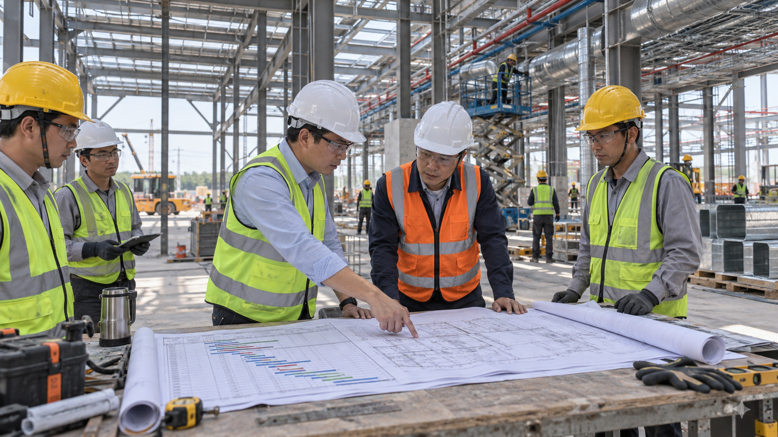 Chủ đầu tư và đội dự án rà soát tiến độ xây dựng nhà xưởng