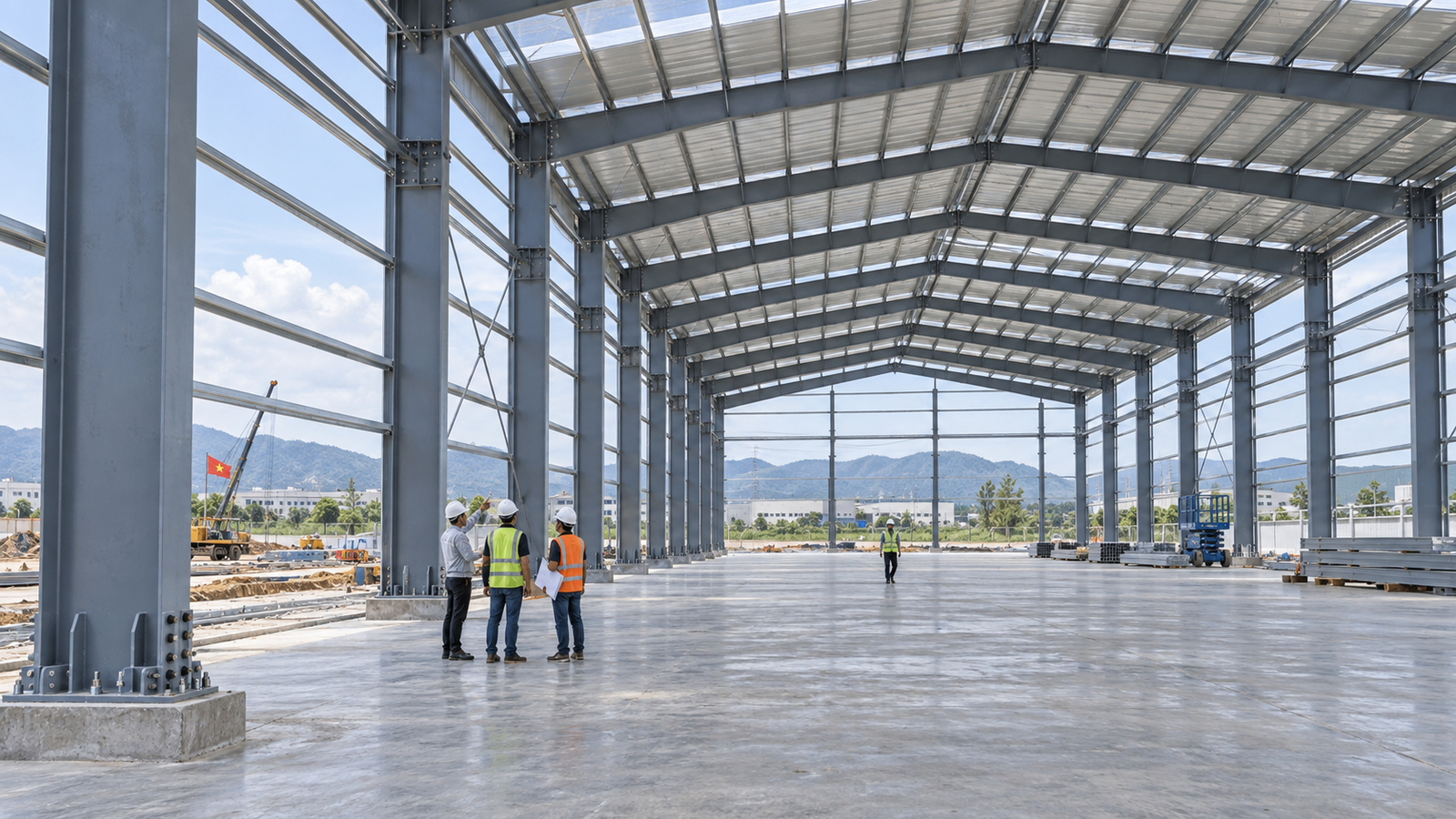 Không gian nhà xưởng khung thép nhịp lớn